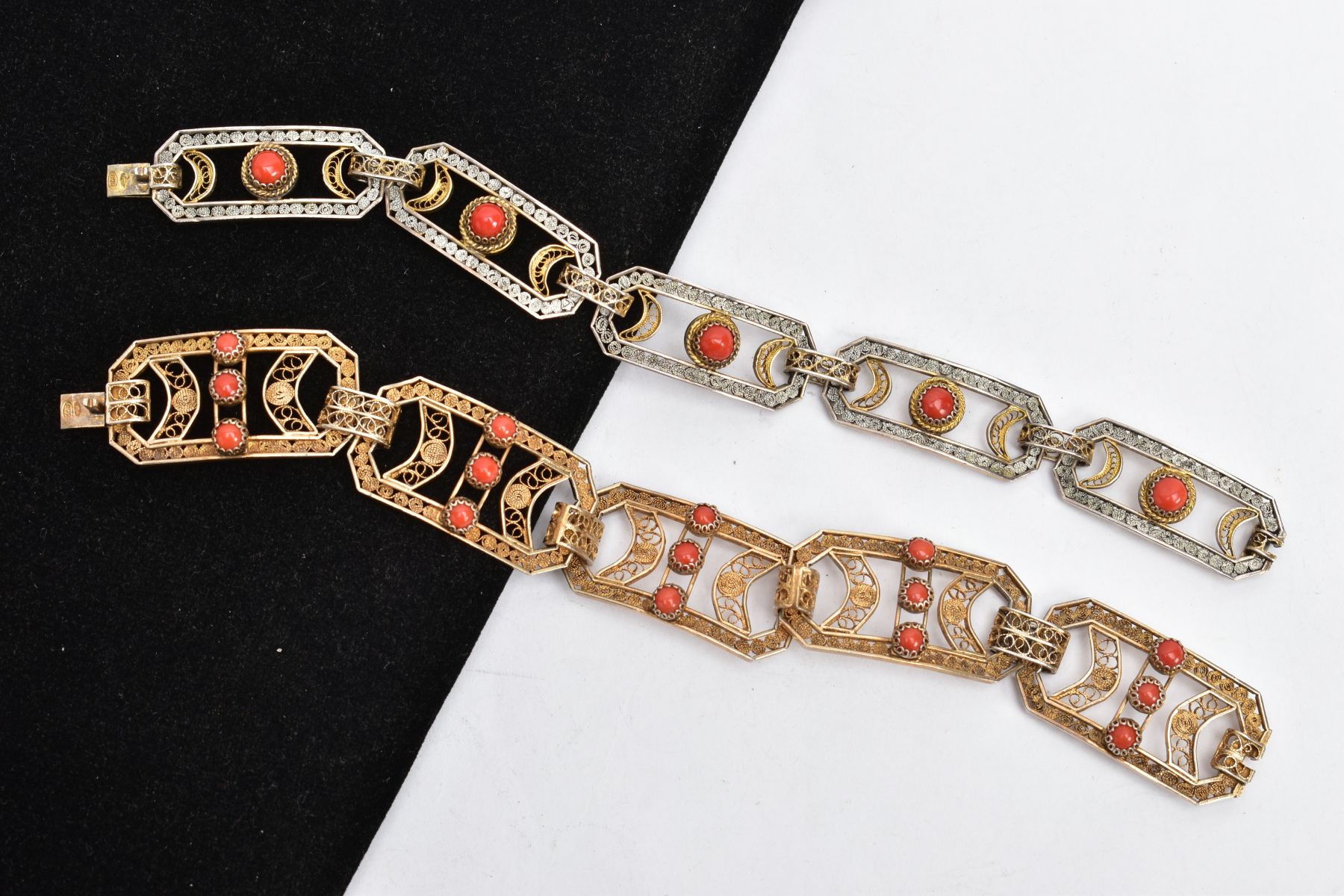 TWO GILT FILIGREE CORAL BRACELETS, the first designed with five rectangular links with cut off