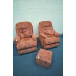 TWO RED UPHOLSTERED ARMCHAIRS and a footstool (3)