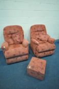 TWO RED UPHOLSTERED ARMCHAIRS and a footstool (3)