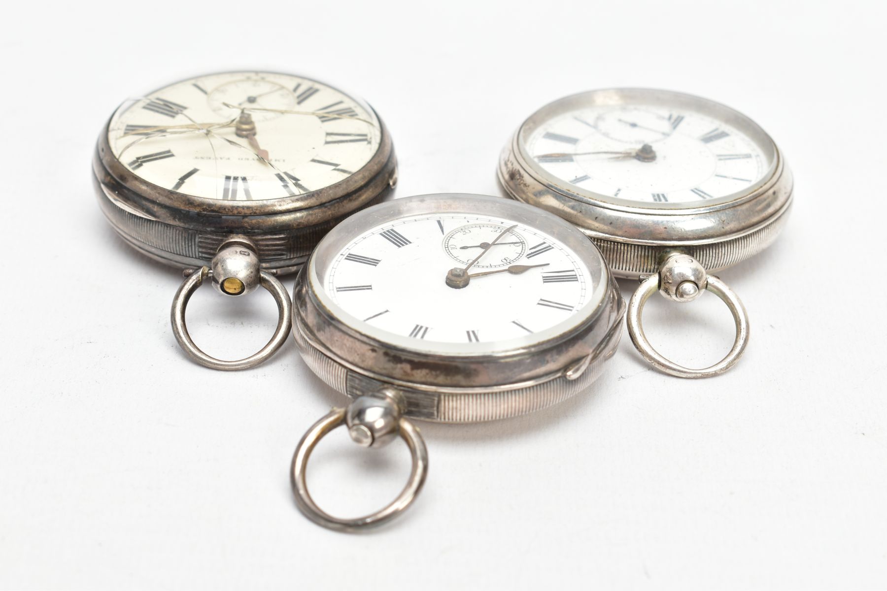 THREE SILVER OPENFACE POCKET WATCHES, the first with a round cream dial signed 'Improved Patent', - Image 3 of 8