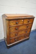A VICTORIAN FLAME MAHOGANY CHEST OF TWO SHORT OVER THREE LONG DRAWERS, with a slopped top, turned