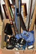 A BOX AND LOOSE FISHING RODS AND REELS ETC, to include seven reels Garcia Mitchell 602, Grice and