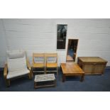 AN IKEA POANG CHAIR, an oak blanket chest (surface damage) a pine coffee table, two wall mirrors,