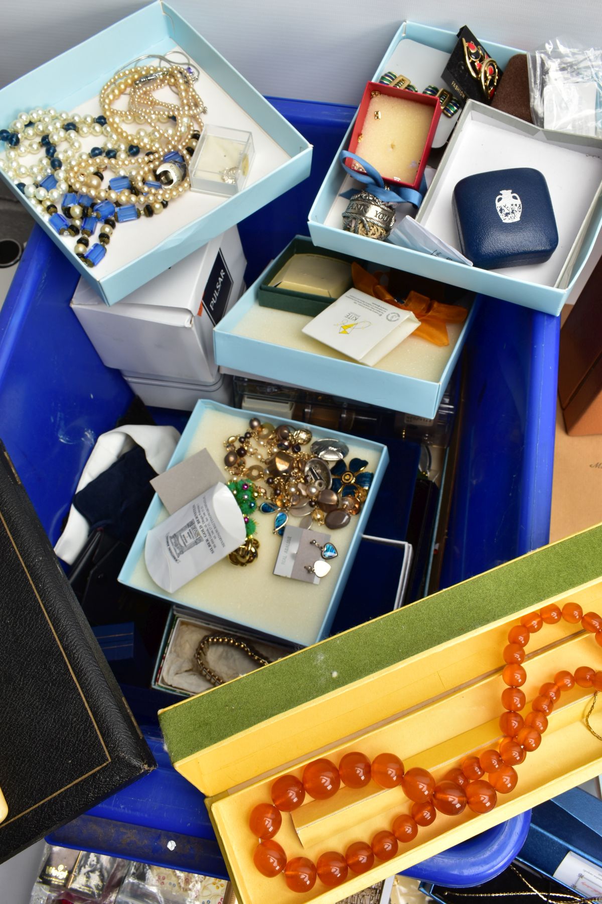 TWO BOXES OF MOSTLY COSTUME JEWELLERY, to include a boxed unused 'Mappin & Webb' tan colour travel - Image 8 of 11