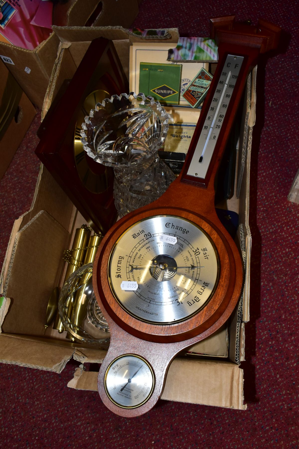 A BOX OF GLASSWARES, CIGARETTE CARDS, VINTAGE CIGARETTE PACKETS, A WALL CLOCK, A BAROMETER AND - Image 2 of 6