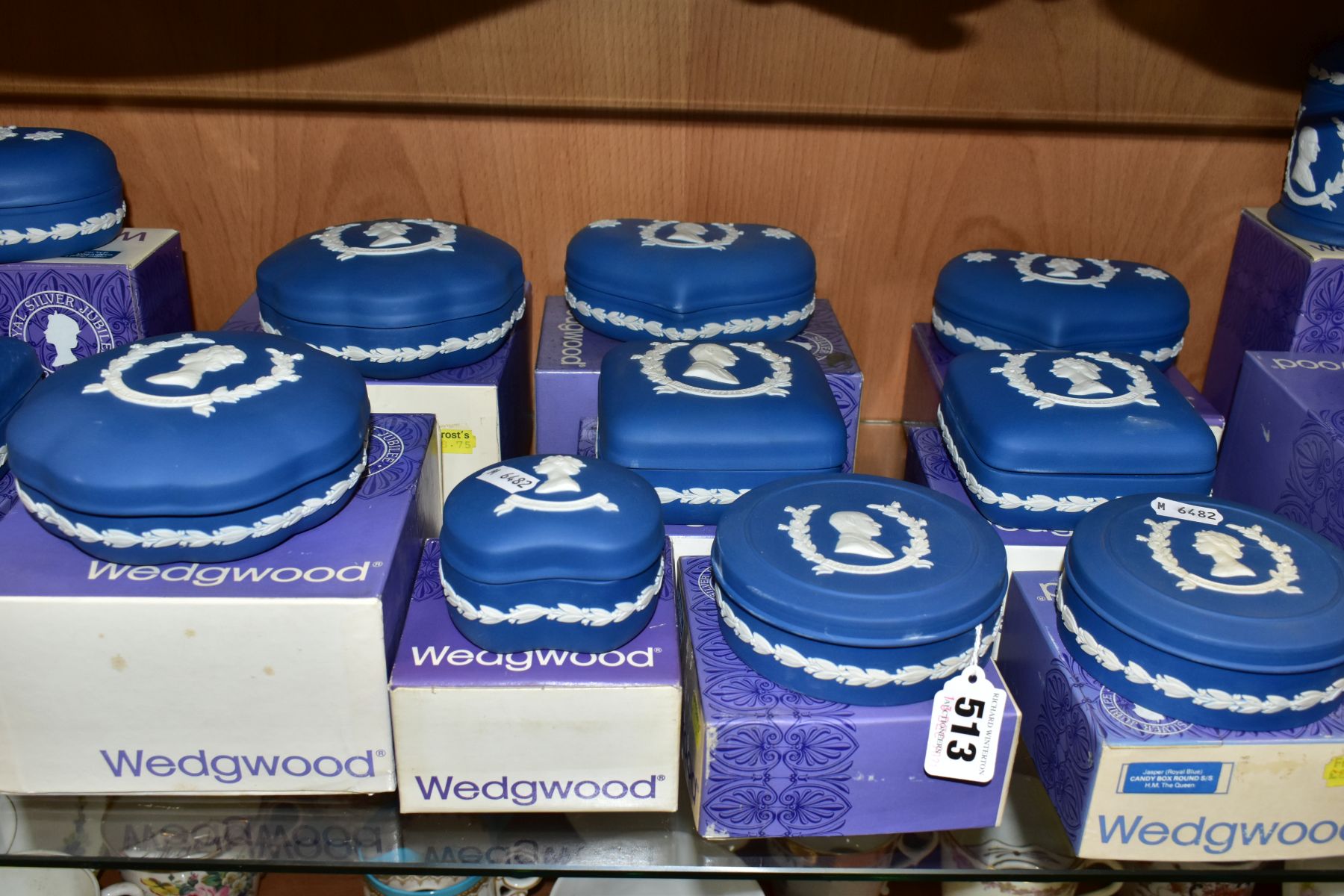 FIFTEEN BOXED WEDGWOOD ROYAL BLUE JASPERWARE ROYAL COMMEMORATIVE CANDY BOXES, all of H.M. The