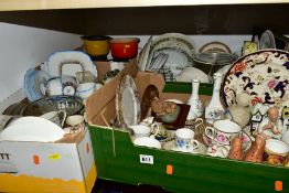 THREE BOXES AND LOOSE CERAMICS, GLASS AND COOKWARES, to include a coffee can and saucer in Aynsley