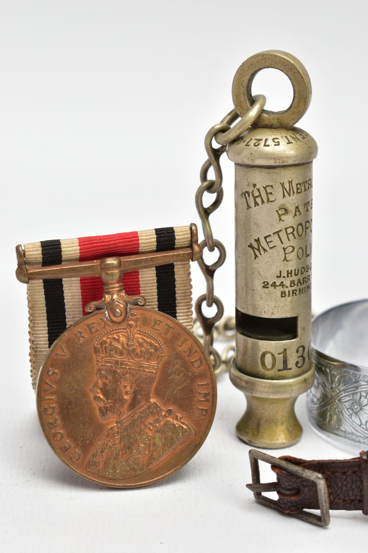 A BAG OF ASSORTED ITEMS, to include a Metropolitan police whistle 013072 with chain, a white metal - Image 3 of 6