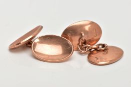 9CT GOLD CUFFLINKS, a pair of rose gold chain link cufflinks with oval shaped domed polished