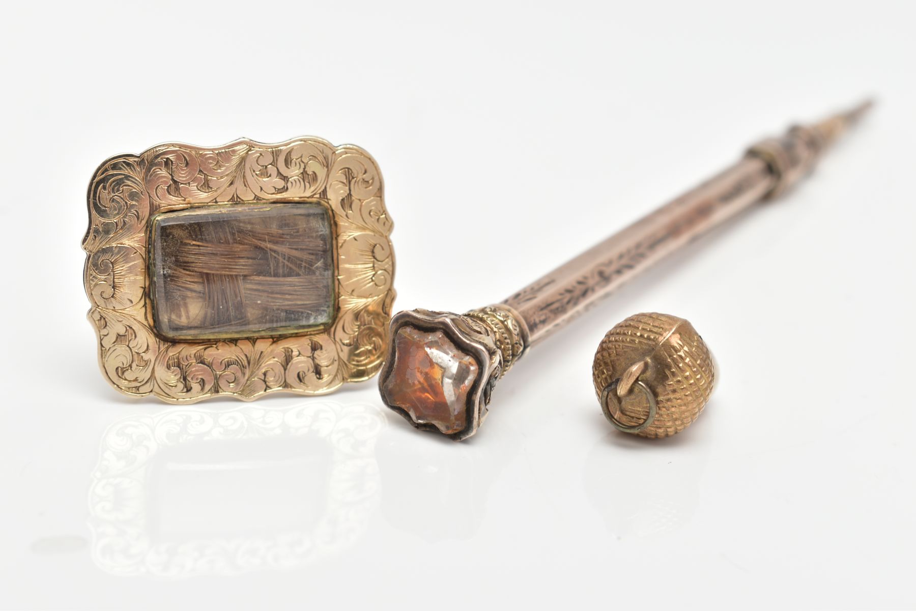 A VICTORIAN GOLD MOURNING BROOCH, PENCIL AND ACORN PENDANT, one gold mourning brooch with - Image 2 of 6