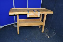 A WHITE GATES CARPENTERS WORKBENCH with two vices, central drawer and undershelf width 120cm x depth