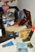 A BOX AND LOOSE CERAMICS, EPHEMERA, LAMP, COINS AND SUNDRY ITEMS, to include paperwork relating to