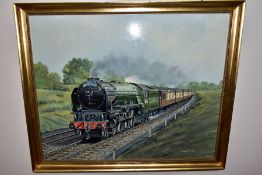 LES PERRIN (BRITISH, LATE 20TH CENTURY), 'THE QUEEN OF SCOTS', a steam locomotive 60116 pulling