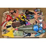 A BOX OF PLASTIC ACTION FIGURES AND OTHER TOYS, including a Carlton International Thunderbird 1, a