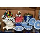 A SMALL GROUP OF ORNAMENTS ETC, to include Wedgwood jasperware biscuit barrel (white marks to
