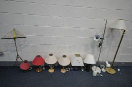 A QUANTITY OF LIGHTING, to include two standard lamp, two pottery table lamps, a mid-century teak