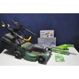 A FPLM1000-4 LAWN MOWER with grass box, a Gardenline 3.6v cordless mini hedge trimmer with