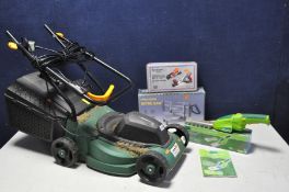 A FPLM1000-4 LAWN MOWER with grass box, a Gardenline 3.6v cordless mini hedge trimmer with