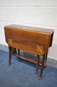 AN EARLY TO MID 20TH CENTURY ROSEWOOD AND MARQUETRY INLAID SUTHERLAND TABLE, open width 69cm x