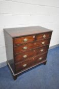 A GEORGIAN MAHOGANY CHEST OF TWO SHORT OVER THREE LONG GRADUATED DRAWERS, with brass handles, on
