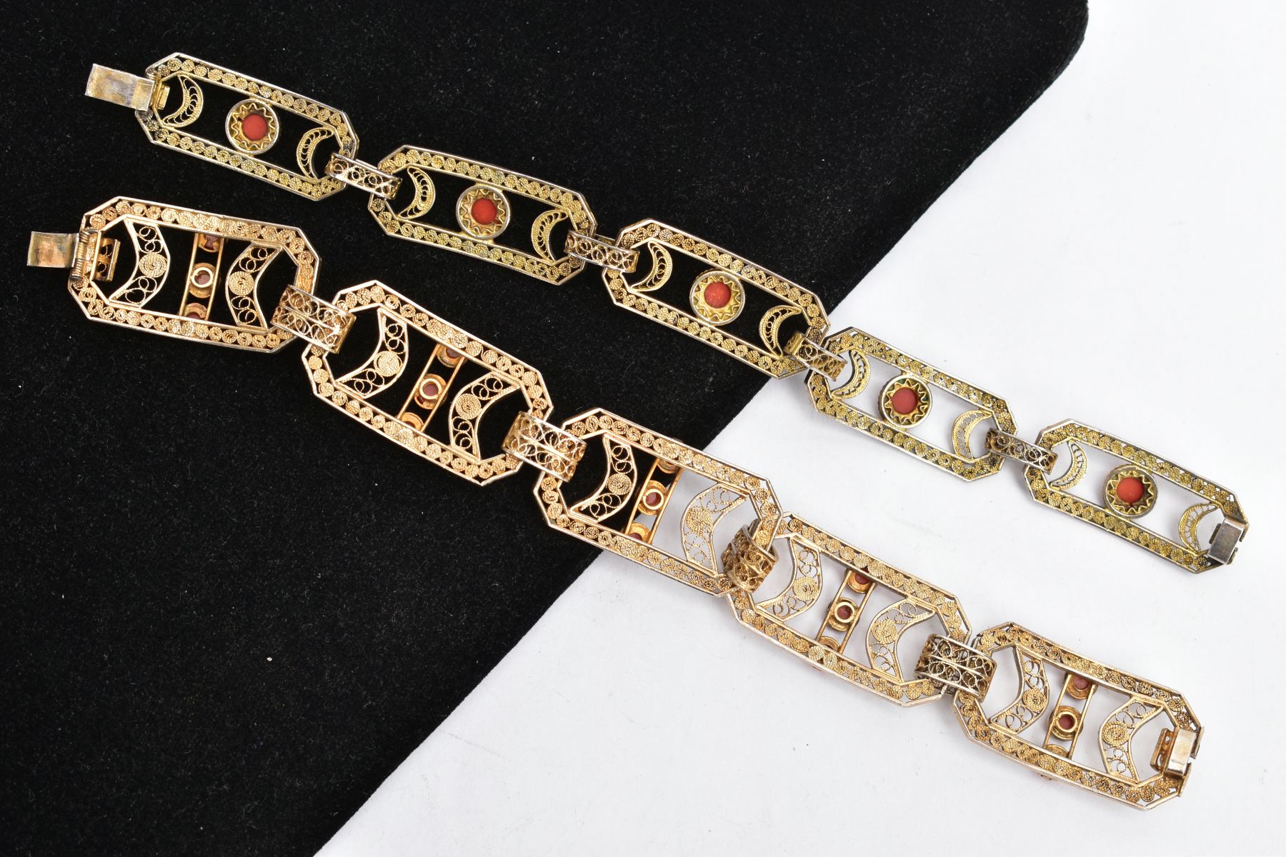 TWO GILT FILIGREE CORAL BRACELETS, the first designed with five rectangular links with cut off - Image 4 of 4