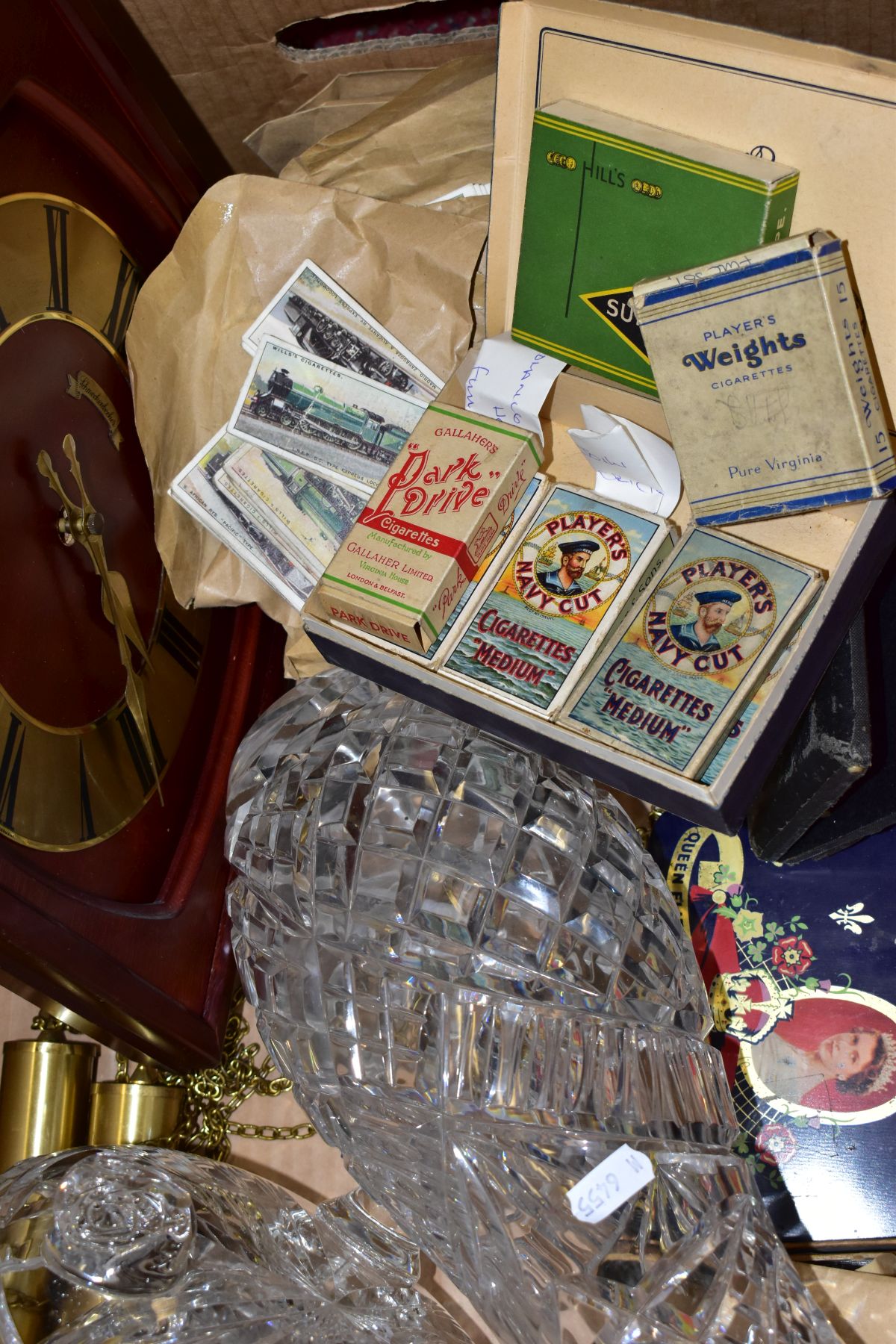 A BOX OF GLASSWARES, CIGARETTE CARDS, VINTAGE CIGARETTE PACKETS, A WALL CLOCK, A BAROMETER AND - Image 5 of 6
