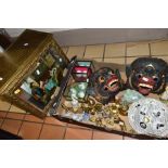 A BOX OF BRASS ORNAMENTS, A SMALL QUANTITY OF RIDGWAY HOMEMAKER SAUCERS AND A PLATE, ORIENTAL