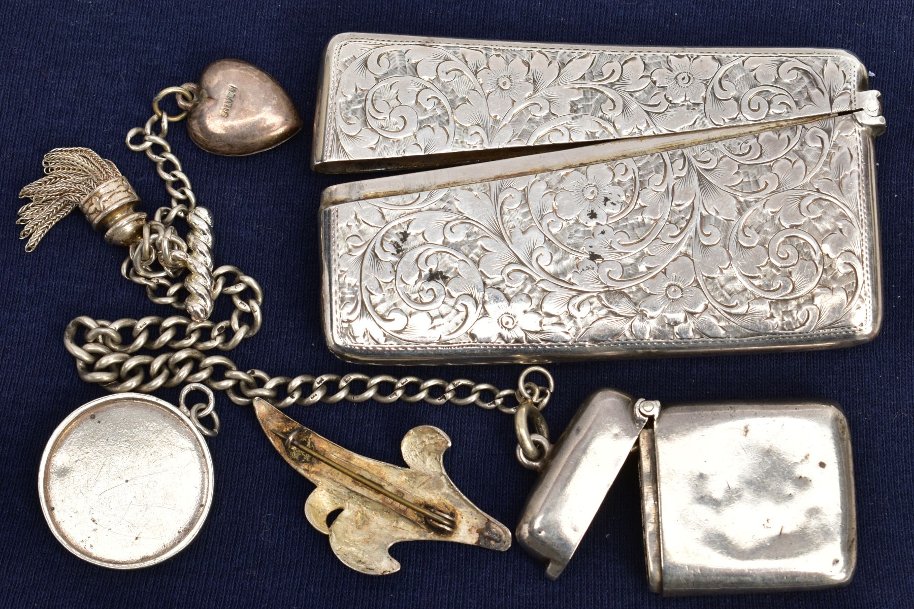 A SILVER CARD CASE, VESTA, ALBERTINA, BROOCH AND FOB MEDAL, the curved rectangular card case, with a - Image 3 of 3