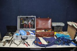 TWO CASES CONTAINING TOOLS AND SOCKET SETS including mole grips, a brace, a Stanley Surform set,