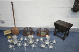 TWO MODERN MAHOGANY CHAMPANGE/WINE TRAYS, with glass holders, along with an oak drop leaf occasional