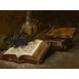 French School, late 19th century- Still life with books, a bottle and flowers; oil on canvas,