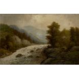Wilhelm Olbrich, Austrian, late 19th century- Mountainous landscape with river; oil on canvas,