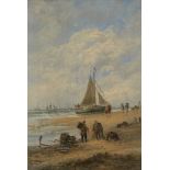 Edwina W Lara, British act. 1850-1882 Fishermen gathering nets on a beach; oil on canvas, signed,