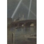 Robert Randoll, British 1864-1946- War Searchlights over London Bridge, 1917; pastel and charcoal on