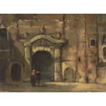 Jan van der Linde, Dutch 1864-1945- Figures by an old gateway; oil on panel, signed, 16.5x22.8cm (