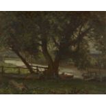 British School, late 19th/early 20th century- Moored rowing boat under a tree in a river