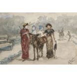 Albert Ludovici Jnr RBA, British 1852-1932- Two children riding a donkey; watercolour, signed with