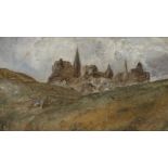 French School, late 19th century- Study of a hill town; oil on canvas laid down on board, 11.