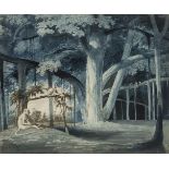James Forbes, British 1749-1819- Banyan Tree with monkeys in a glade; collage of engraving with