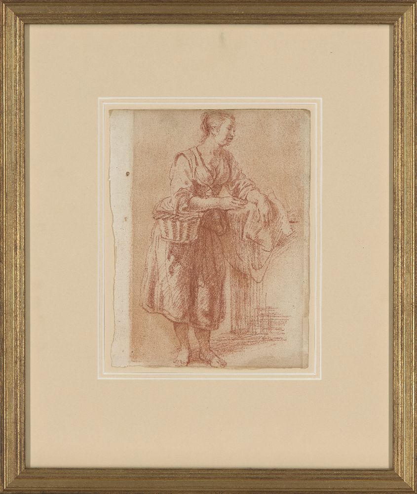 Follower of Adriaen van de Velde, Dutch 1636-1672- Study of woman with basket and laundry; red chalk - Image 2 of 3