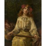 Antonio Torres, Spanish 1851-1934- A girl in costume holding a sitar; oil on canvas, signed, bears