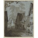 Francis Stephen Cary, British 1808-1880- Village Street scene; pen and black ink and wash on blue