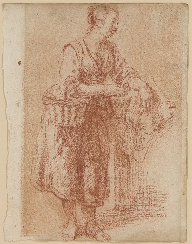 Follower of Adriaen van de Velde, Dutch 1636-1672- Study of woman with basket and laundry; red chalk