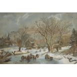 M Giles, British School, late 19th century- Dutch winter landscape; watercolour with touches of