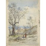 Attributed to Emmanuel Costa, French 1833-1921- Riviera view with figures in the foreground;
