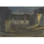 Henry Boddington, British 1849-1925- Village scene at night; coloured crayon and watercolour,