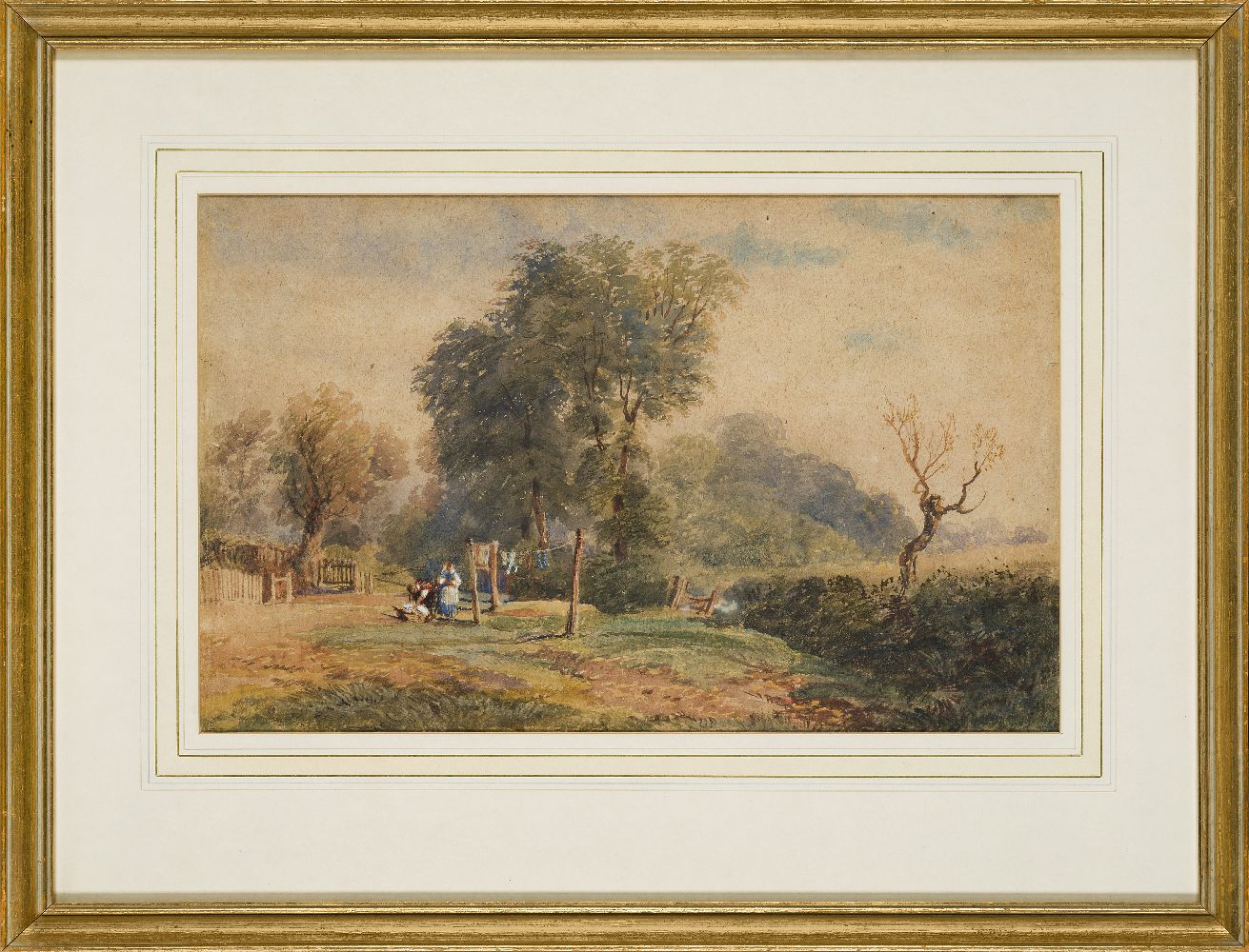 Circle of David Cox Jnr ARWS, British 1809-1885- Hanging out the Washing; watercolour with touches - Image 2 of 3