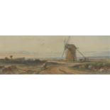 Joseph Murray Ince, Welsh 1806-1859- Figures on a road approaching a windmill; watercolour, 5.7x15.