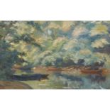 British School, late 19th/early 20th century- River landscape with boats; oil on panel, 16x24cm