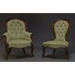 A Victorian mahogany and upholstered gentleman's armchair together with matching ladies chair,